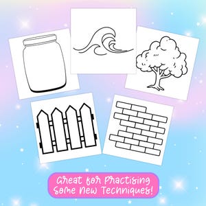 Puede incluir: Cinco dibujos en blanco y negro sobre fondos blancos. Los dibujos son de un frasco, una ola, un &aacute;rbol, una valla de madera y un muro de ladrillos.