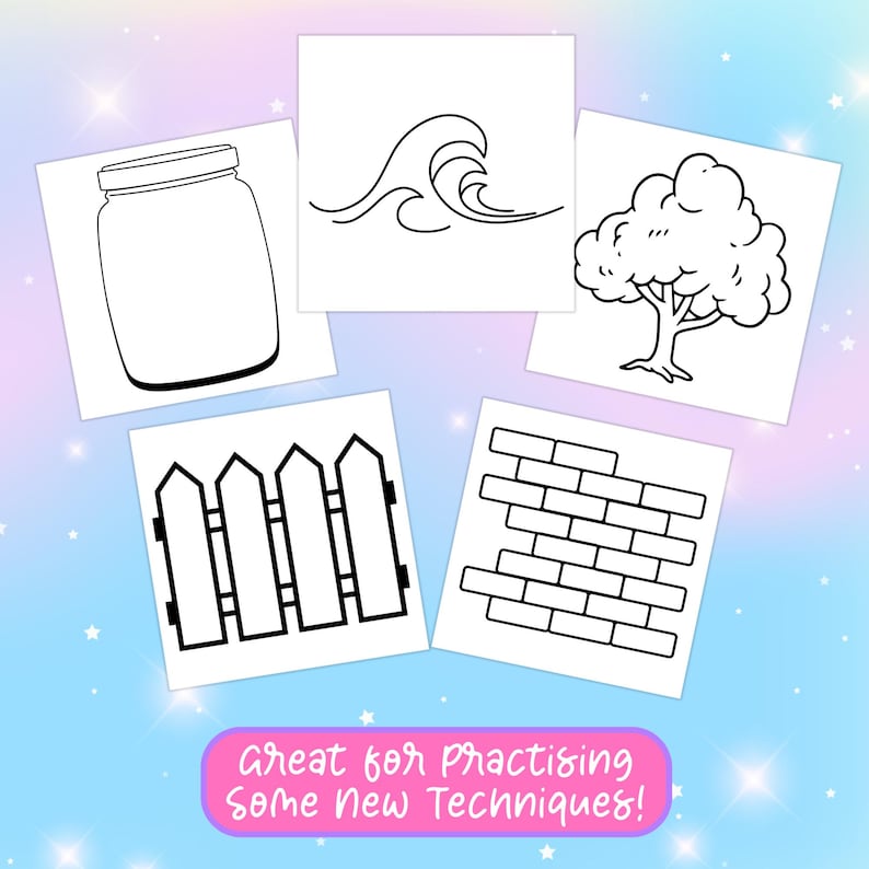 Puede incluir: Cinco dibujos en blanco y negro sobre fondos blancos. Los dibujos son de un frasco, una ola, un &aacute;rbol, una valla de madera y un muro de ladrillos.