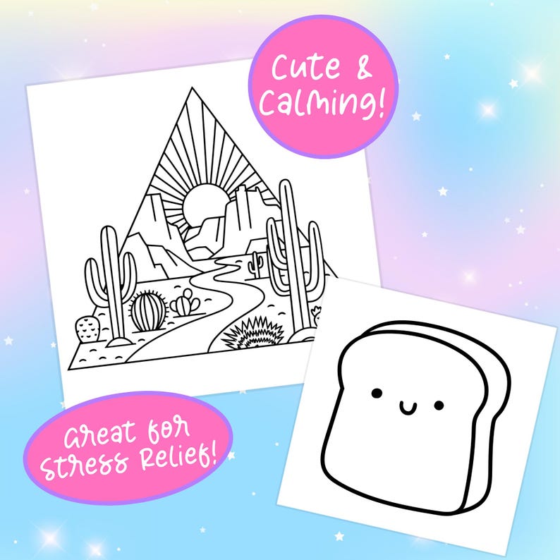 Puede incluir: Una p&aacute;gina para colorear en blanco y negro que presenta un paisaje des&eacute;rtico con un sol, monta&ntilde;as y cactus. El texto "Cute & Calming!" est&aacute; en un cuadro rosa encima de la imagen. El texto "Great for stress relief!" est&aacute; en un cuadro rosa debajo de la imagen.