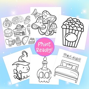Puede incluir: Un conjunto de p&aacute;ginas para colorear imprimibles que presentan varias ilustraciones, incluyendo una panader&iacute;a, hongos, palomitas de ma&iacute;z, un sombrero de bruja, una calavera con una vela y una cama. El texto "Print Ready!" est&aacute; incluido en la imagen.