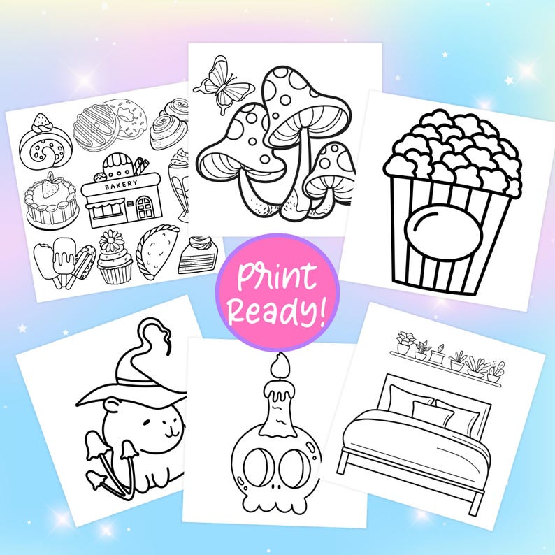 Puede incluir: Un conjunto de p&aacute;ginas para colorear imprimibles que presentan varias ilustraciones, incluyendo una panader&iacute;a, hongos, palomitas de ma&iacute;z, un sombrero de bruja, una calavera con una vela y una cama. El texto "Print Ready!" est&aacute; incluido en la imagen.