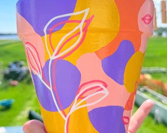 Handbemalter abstrakter botanischer Keramikpflanztopf | Moderner Farbblock Blumentopf Helllila, Pfirsich & Orange Blumentopf | Einzigartiges Wohndekor