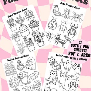 May include: Four printable practice sheets with black and white illustrations of plants, bugs, books, and cats. The text "Fun Practice Sheets" is at the top, with "11 Cute & Fun Sheets! PDF & JPEG PRINT & COLOR!" in a pink circle.