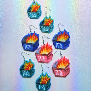 Pendientes de It's Fine Dumpster fire, kawaii, brillo, purpurina, divertidas joyas de acrílico