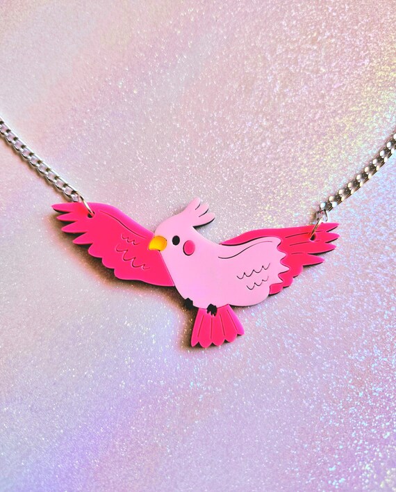 Pink Bird Necklace Statement Jewelry, Cute Gift, Acrylic