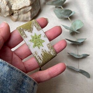 Green Beaded Bracelet, Handmade Wide Macrame Cuff, Earthy Tones Boho Jewelry, Star Pattern, Gift for Her