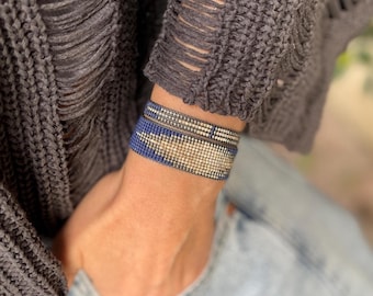 Handmade Miyuki Beaded Bracelet Set: Navy, Silver, Taupe