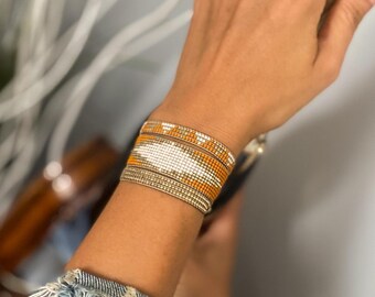 Handmade Miyuki Seed Bead Bracelet Set: Pastel Orange Beige Boho Jewelry