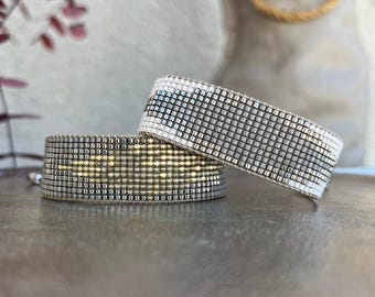Handmade Miyuki Beaded Bracelet Set: Cream & Gray Boho Jewelry