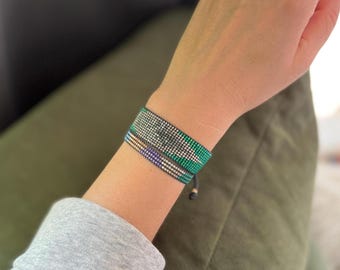 Handmade Miyuki Beaded Cuff Bracelet: Green Geometric Boho Jewelry