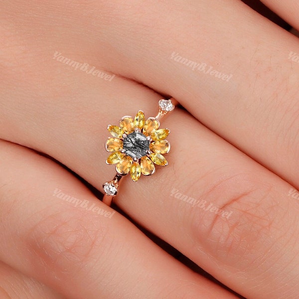 Yellow Sunflower Ring Natural Citrine Ring Floral 14K Rose Gold Vermeil Yellow Gemstone Engagement Promise Ring Birthstone Anniversary Gift