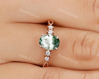 Unique Moss Agate Diamond Engagement Ring Oval Round Cut Gems Art Deco Moissanite Wedding Ring Unique Women Bridal Promise Ring Customized