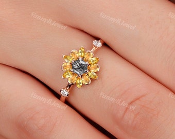 Yellow Sunflower Ring Natural Citrine Ring Floral 14K Rose Gold Vermeil Yellow Gemstone Engagement Promise Ring Birthstone Anniversary Gift