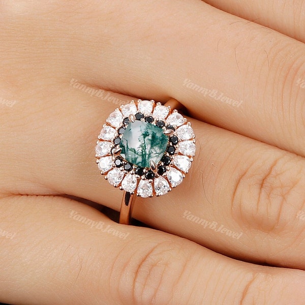 Vintage 1ct cushion cut moss agate engagement ring Unique gold wedding ring Art deco black spinel halo promise ring bridal rings for women