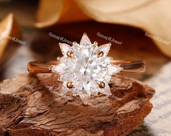 Sterling Silver Snowflake Ring - Snow Flower Ring - Unique Dainty Ring - 1.2CT Round Shape Engagement Ring - Halo Wedding Ring Rose Gold
