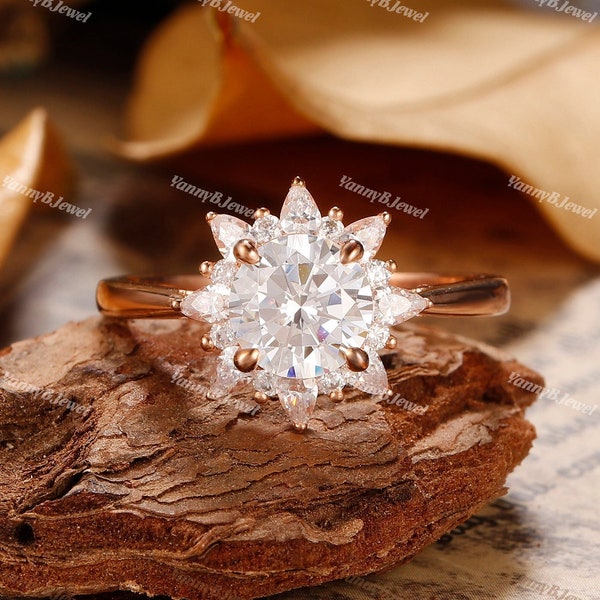 Sterling Silver Snowflake Ring - Snow Flower Ring - Unique Dainty Ring - 1.2CT Round Shape Engagement Ring - Halo Wedding Ring Rose Gold