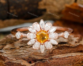 Victoria Natural Citrine Ring Floral 14K Rose Gold Vermeil Yellow Gemstone Engagement Promise Ring November Birthstone Anniversary Gift