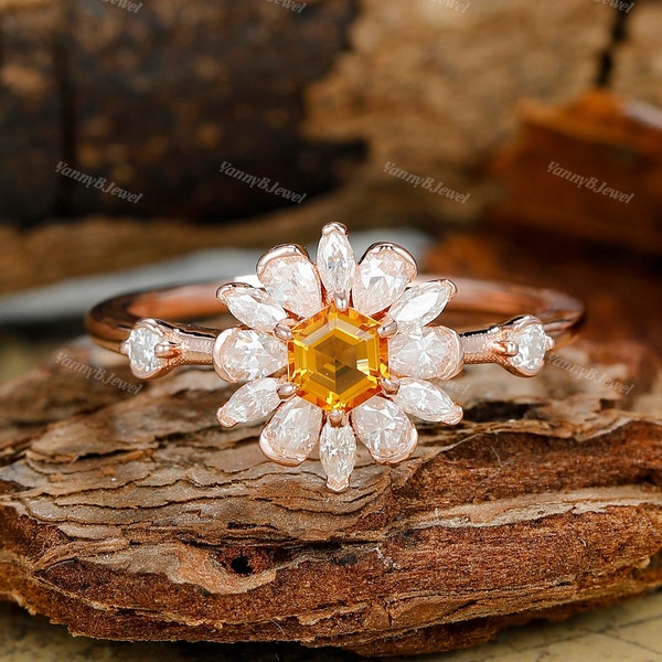 Victoria Natural Citrine Ring Floral 14K Rose Gold Vermeil Yellow Gemstone Engagement Promise Ring November Birthstone Anniversary Gift