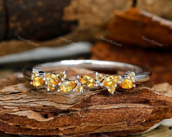 Citrine Wedding Band Cluster Sterling Silver Band Vintage Wedding Band Marquise Round Design Ring Matching Stacking Ring Birthstone Ring