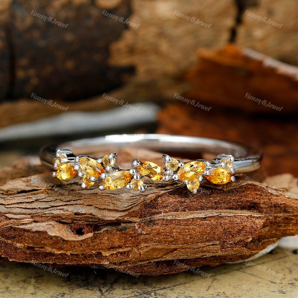 Citrine Wedding Band Cluster Sterling Silver Band Vintage Wedding Band Marquise Round Design Ring Matching Stacking Ring Birthstone Ring