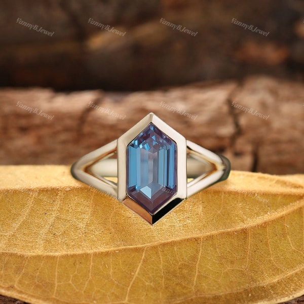 Unique alexandrite engagement ring Vintage hexagon alexandrite ring gold rings bezel ring minimalist art deco personalized gifts for her