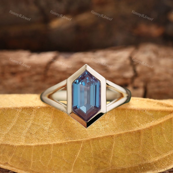 Bague de fiançailles unique en alexandrite, bague en alexandrite hexagonale vintage, bagues en or, bague art déco minimaliste, cadeaux personnalisés pour elle