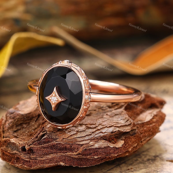 Oval Cut Natural Black Onyx Ring Vintage Diamond Solid 18K/14K/10K Gold Art Deco Star Ring Handmade Ring Bridal Anniversary Gift Ring