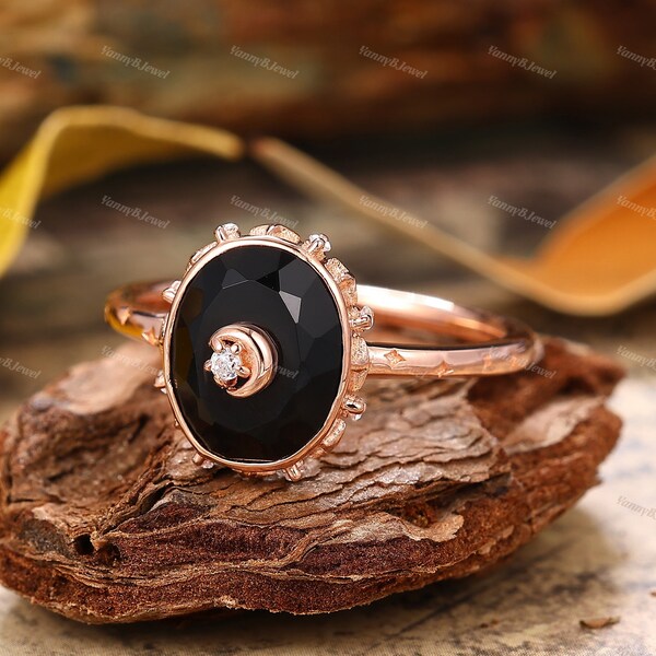 Sun and Moon Ring Oval Cut Natural Black Onyx Ring Art Deco Vintage Style Ring 14K Rose Gold Ring Statement Ring Dainty Gemstone Ring