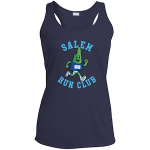 May include: A navy blue tank top with a white outline of the state of Massachusetts running with a blue race bib that says "03079". The text "SALEM RUN CLUB" is in blue and white letters.