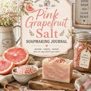 May include: A rustic still life featuring handmade soap, grapefruit, and salt. The soap is pink and white, topped with pink salt crystals. A sign reads "Pink Grapefruit Salt Soapmaking Journal." Other elements include a jar of salt, a wooden scoop, and a floral arrangement.