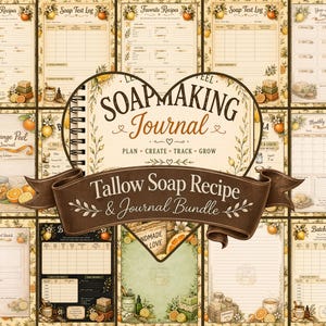 May include: A collection of vintage-style soapmaking journal pages. The central journal features the text "SOAPMAKING Journal" and "Tallow Soap Recipe & Journal Bundle." The pages include sections for recipes, testing, and planning, with illustrations of lemons and oranges.