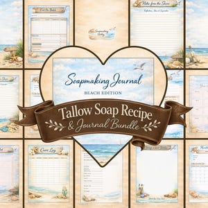 May include: A collection of printable pages for soapmaking, featuring a beach theme. The pages include a soap recipe template, journal pages, checklists, and a monthly planner. The design incorporates watercolor illustrations of a beach scene with seashells and seagulls.