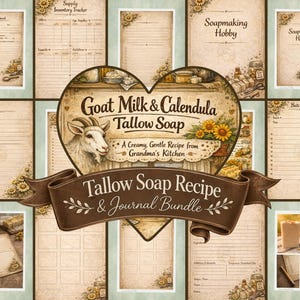 May include: A collection of printable soapmaking journal pages and recipe sheets. The design features a rustic, vintage aesthetic with sunflower accents and the text "Goat Milk & Calendula Tallow Soap". Includes a supply inventory tracker and batch notes.