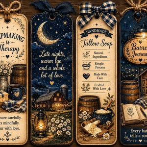 May include: Six vertical rectangular bookmarks featuring rustic illustrations of barrels, lanterns, and night skies. Each bookmark includes decorative text, such as 'Soapmaking is Therapy' and 'The best things are made by hand, heart, and a whole lot of patience.'