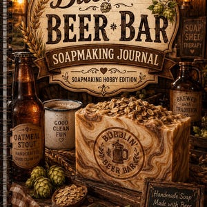 May include: A rustic-themed soapmaking journal with the text "Bubblin' Beer Bar Soapmaking Journal." The image features a large bar of soap, a bottle of stout, and a mug. The journal is spiral-bound.