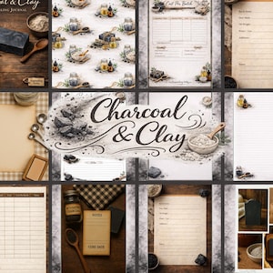 May include: A collage of images featuring a soapmaking journal with the text "Charcoal & Clay." The images include soap, charcoal, and ingredients. There are also pages for recipes and notes, and a jar of activated charcoal.
