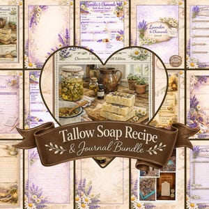 May include: A collection of printable pages with a vintage aesthetic, featuring lavender and chamomile themes. The pages include soap recipes, journal entries, and decorative elements like flowers and jars. The title "Tallow Soap Recipe & Journal Bundle" is displayed.