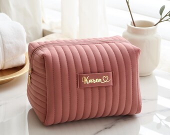 Personalized Quilted Makeup Bag, Custom Toiletry Travel Bag