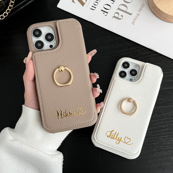 Personalized Leather iPhone Case, Card Slot, Makeup Mirror, Slim Fit