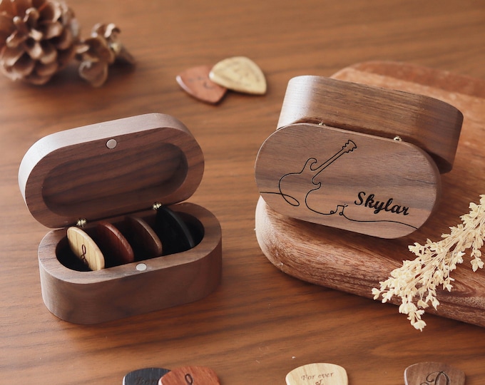 Personalized Wooden Guitar Pick Box, Engraved Plectrum, Custom Musician Gift
