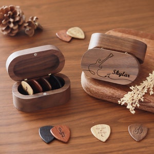 Gift For Boyfriend Personalized Wooden Guitar Picks with Case, Engraved Guitar Plectrum Box, Custom Pick Holder, Valentines Day Gift