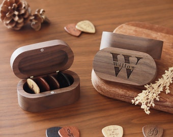 Personalized Guitar Pick Box, Custom Engraved Plectrums, Walnut Wood