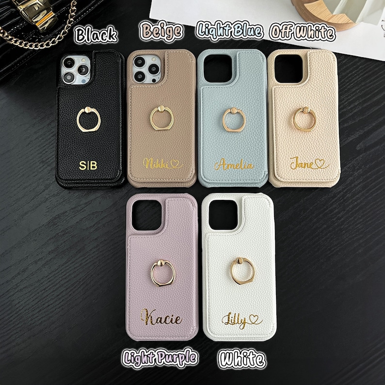 a line up of different phone cases with the names of them