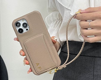 Étui pour iPhone en cuir avec emplacement pour carte, dragonne personnalisée