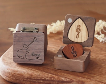 Gifts for Husband Personalized Wooden Guitar Picks with Case, Custom Guitar Pick Holder, Gift For Guitar Player, Valentines Day Gift