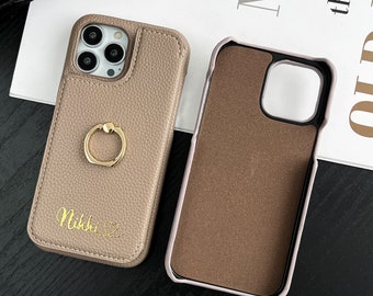 Personalized leather iPhone case, stand ring card holder iPhone case with makeup mirror, iPhone 15 14 13 12 11 Pro Max Plus Mini Case