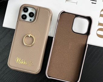 Personalized Leather iPhone Case with Stand, Ring, and Mirror