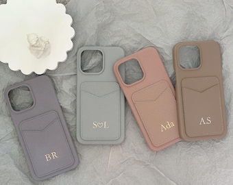 Leather iPhone Case With Card Holder, Personalized Name iPhone Case iPhone 15 Pro Case, iPhone 15 14 13 12 11 Pro Max Plus Case