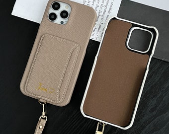 Personalized Leather iPhone Case with Strap and Card Slot