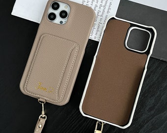 Funda personalizada para iPhone con ranura para tarjetas, funda para teléfono con correa de cuero, funda para teléfono de cuero personalizada, funda para iPhone 15 14 13 12 11 Pro Max Plus Mini